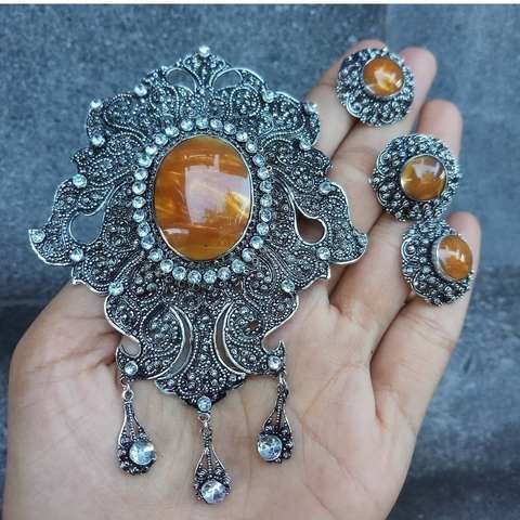 1 Set Bros Bahan Alpaka Batu Warna Cokelat